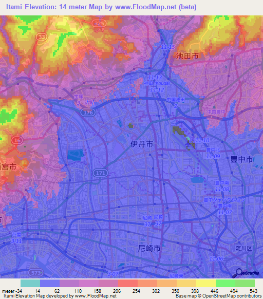 Itami,Japan Elevation Map