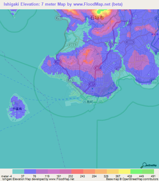 Ishigaki,Japan Elevation Map