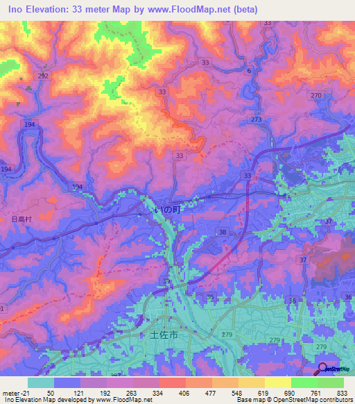 Ino,Japan Elevation Map