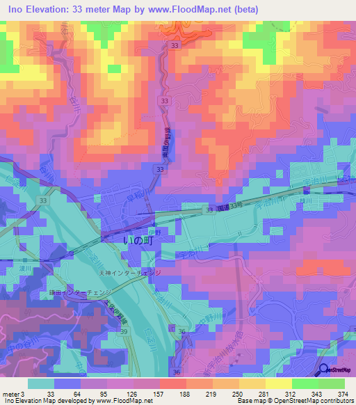 Ino,Japan Elevation Map