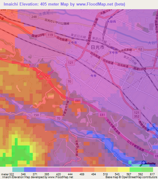 Imaichi,Japan Elevation Map