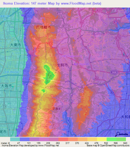 Ikoma,Japan Elevation Map