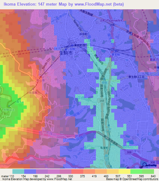 Ikoma,Japan Elevation Map