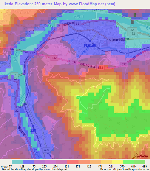 Ikeda,Japan Elevation Map