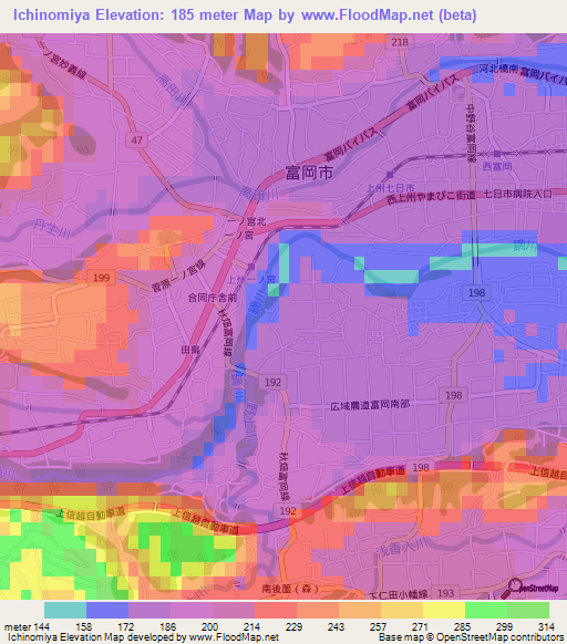 Ichinomiya,Japan Elevation Map