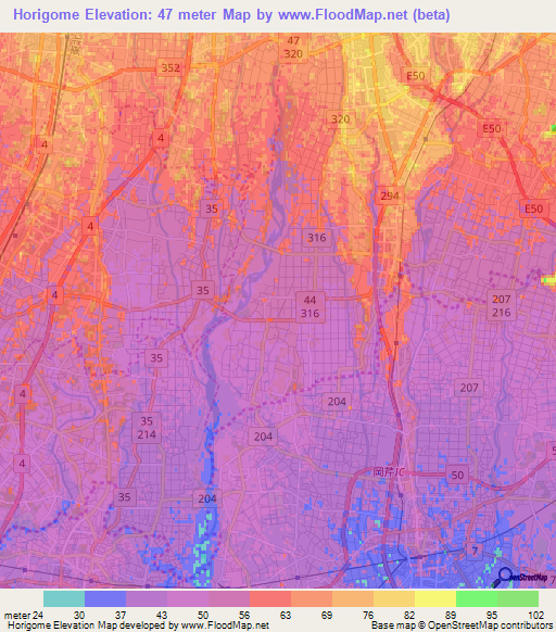 Horigome,Japan Elevation Map