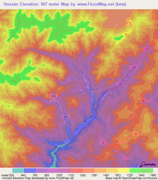 Honzan,Japan Elevation Map