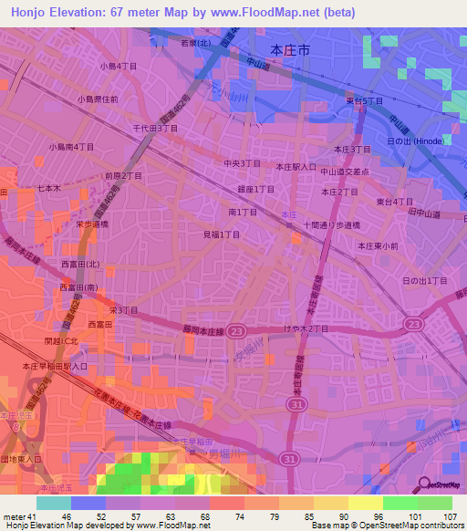 Honjo,Japan Elevation Map