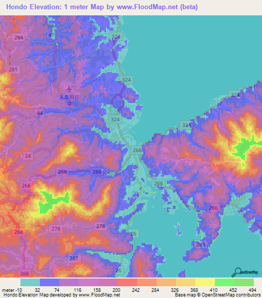 Hondo,Japan Elevation Map