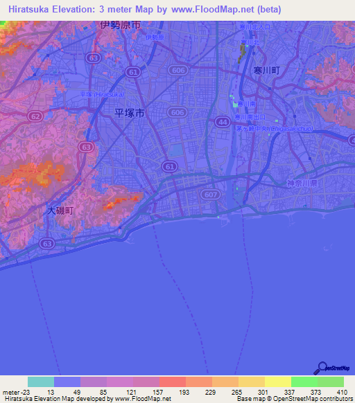 Hiratsuka,Japan Elevation Map