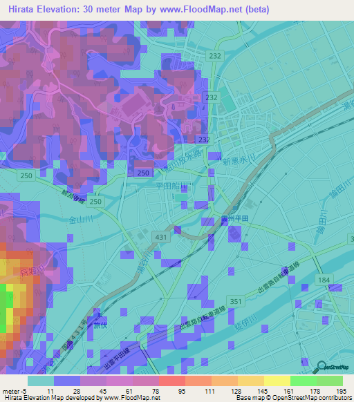 Hirata,Japan Elevation Map