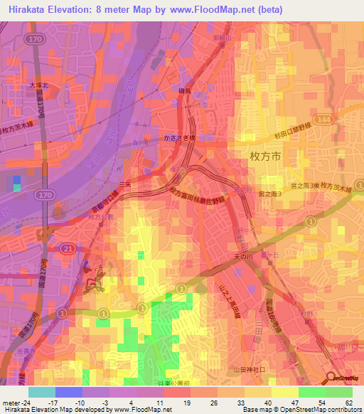 Hirakata,Japan Elevation Map