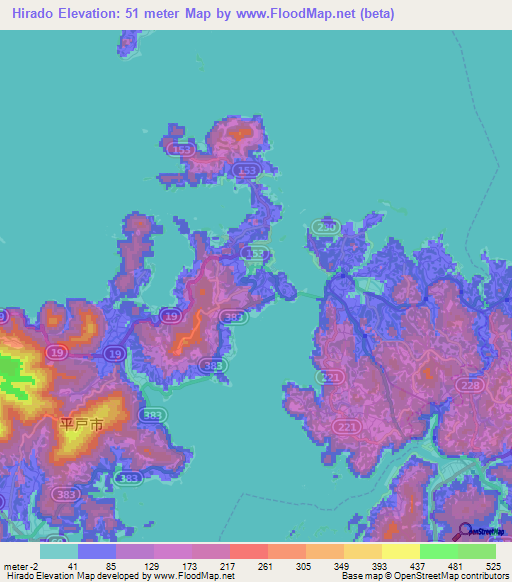 Hirado,Japan Elevation Map