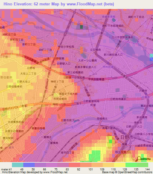 Hino,Japan Elevation Map