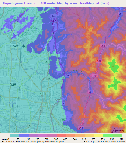Higashiyama,Japan Elevation Map
