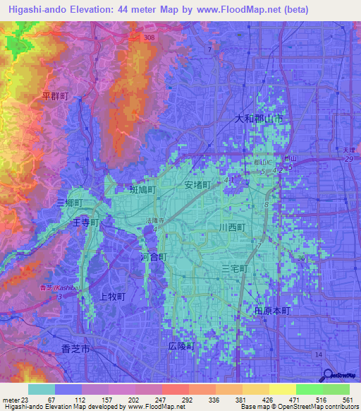 Higashi-ando,Japan Elevation Map