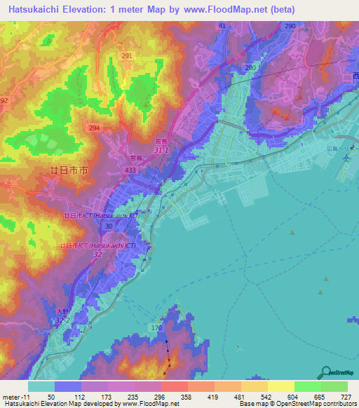 Hatsukaichi,Japan Elevation Map