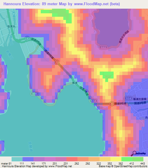 Hannoura,Japan Elevation Map