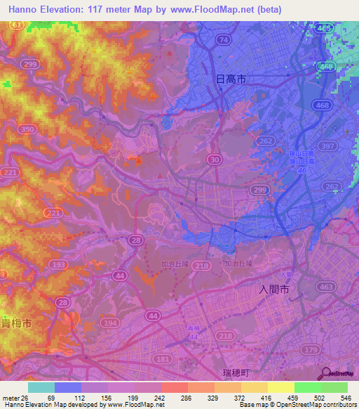 Hanno,Japan Elevation Map