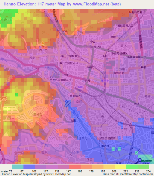 Hanno,Japan Elevation Map