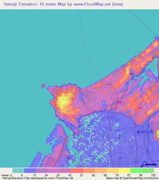 Hamaji,Japan Elevation Map