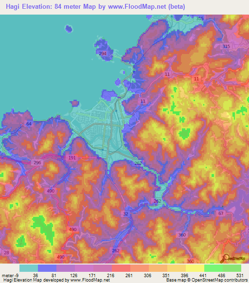 Hagi,Japan Elevation Map