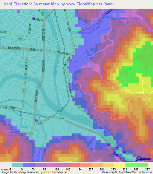 Hagi,Japan Elevation Map