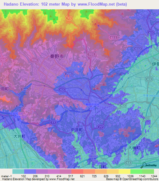 Hadano,Japan Elevation Map