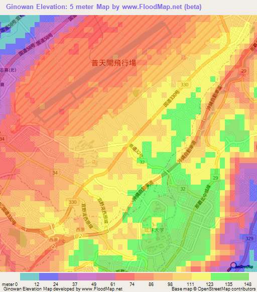 Ginowan,Japan Elevation Map