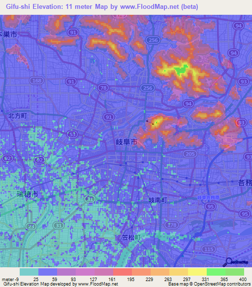 Gifu-shi,Japan Elevation Map