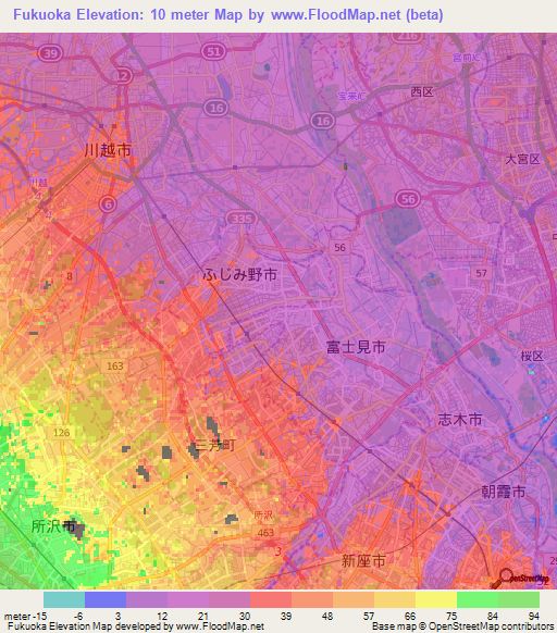 Fukuoka,Japan Elevation Map