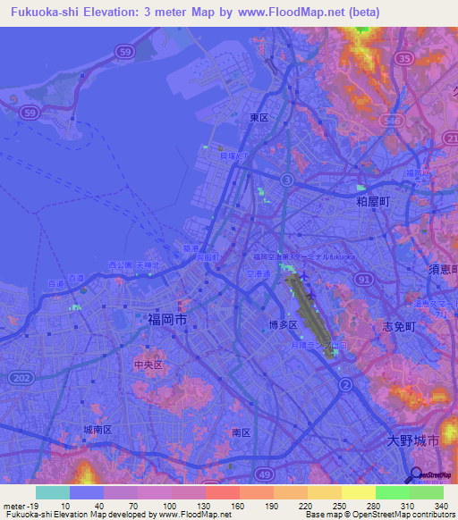 Fukuoka-shi,Japan Elevation Map