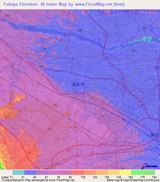 Fukaya,Japan Elevation Map