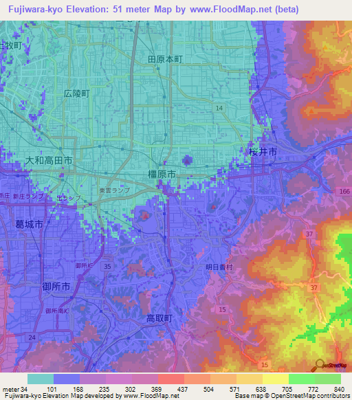 Fujiwara-kyo,Japan Elevation Map
