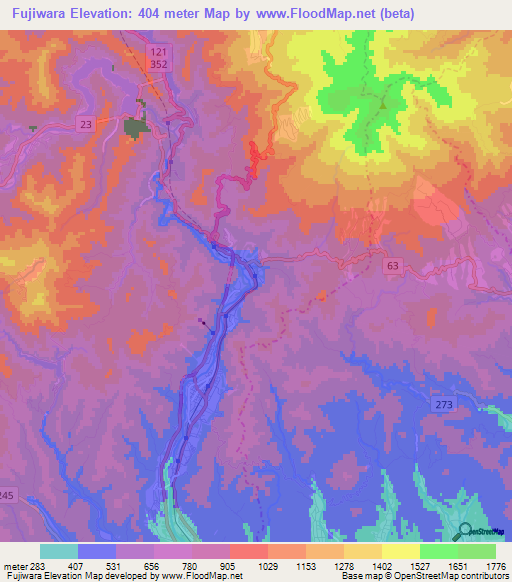 Fujiwara,Japan Elevation Map