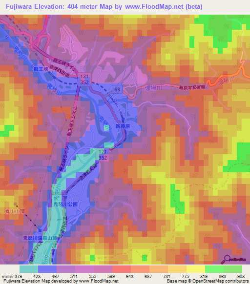 Fujiwara,Japan Elevation Map