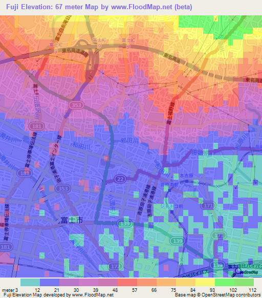 Fuji,Japan Elevation Map