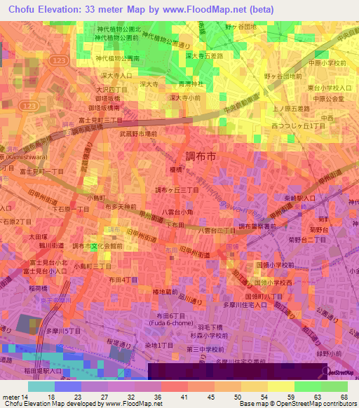 Chofu,Japan Elevation Map