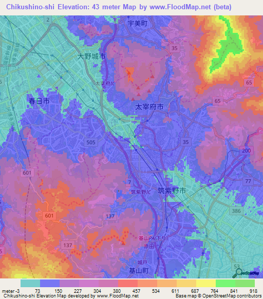 Chikushino-shi,Japan Elevation Map