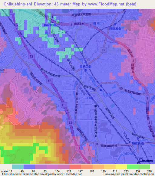 Chikushino-shi,Japan Elevation Map