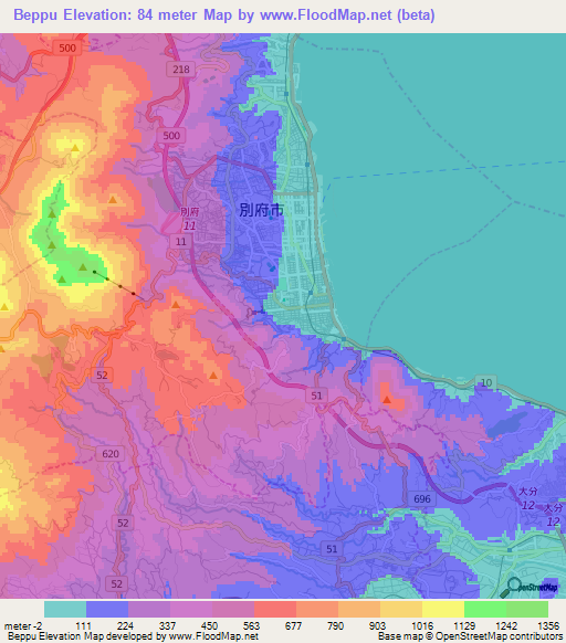 Beppu,Japan Elevation Map