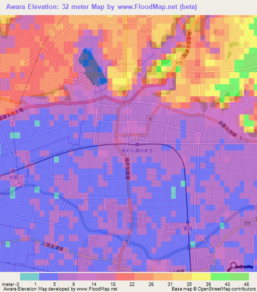 Awara,Japan Elevation Map