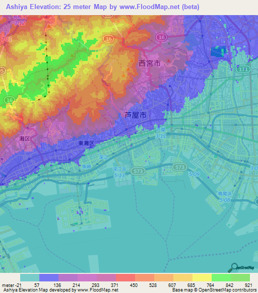 Ashiya,Japan Elevation Map