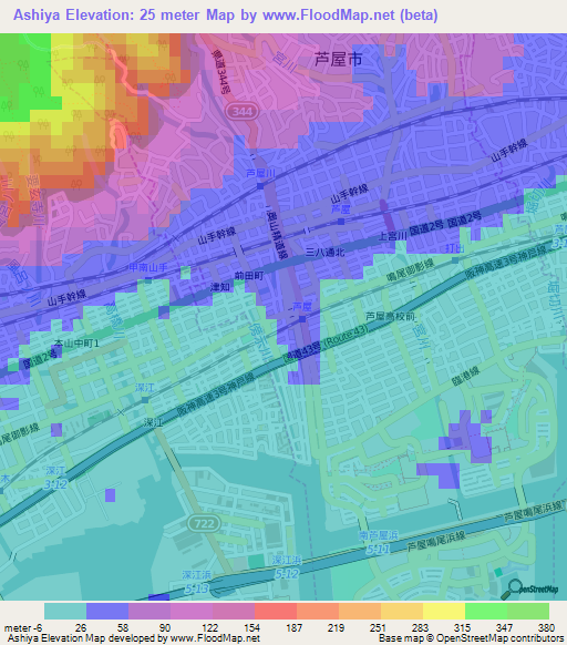 Ashiya,Japan Elevation Map