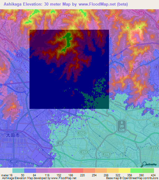 Ashikaga,Japan Elevation Map