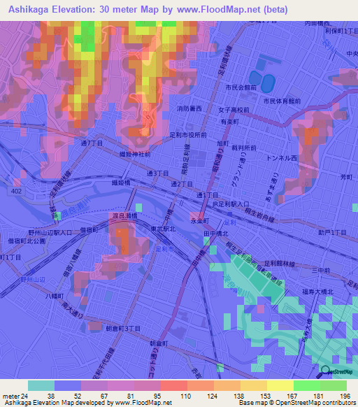 Ashikaga,Japan Elevation Map