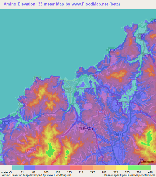 Amino,Japan Elevation Map