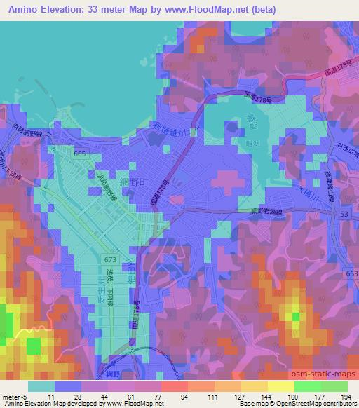 Amino,Japan Elevation Map