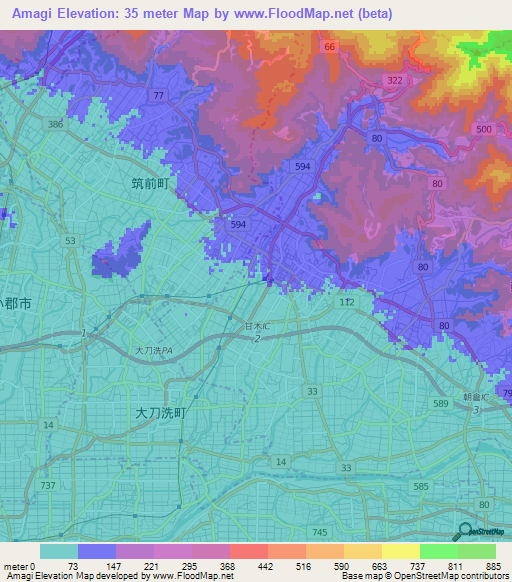 Amagi,Japan Elevation Map