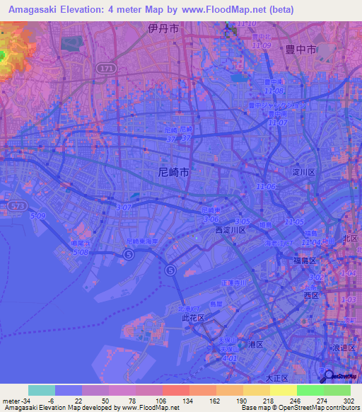 Amagasaki,Japan Elevation Map
